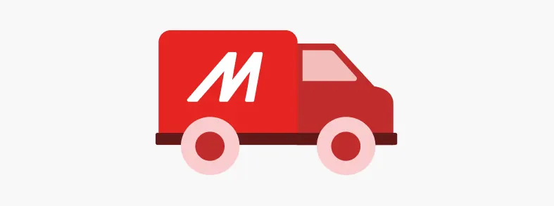 Camión rojo con una 'M' blanca en la parte trasera y ruedas circulares sobre un fondo blanco.