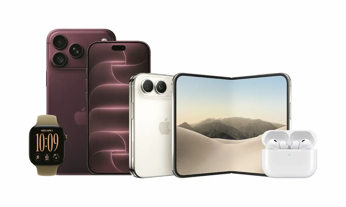 Colección de productos Apple: iPhones borgoña y blanco, un iPhone plegable con fondo de dunas, un Apple Watch y unos AirPods.