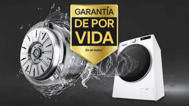 Motor de lavadora LG con agua y sello “Garantía de por vida en el motor”.