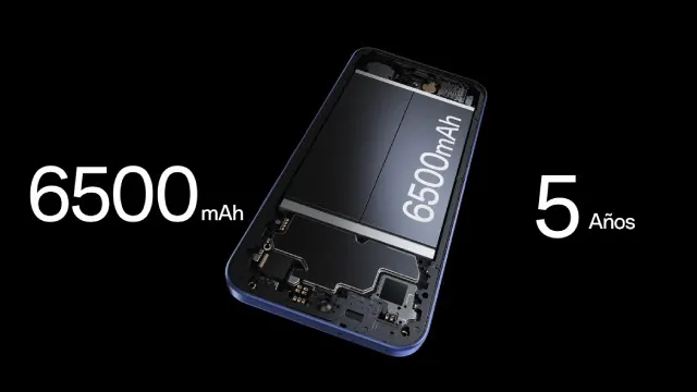 Móvil abierto con "6500 mAh" y "5 años"