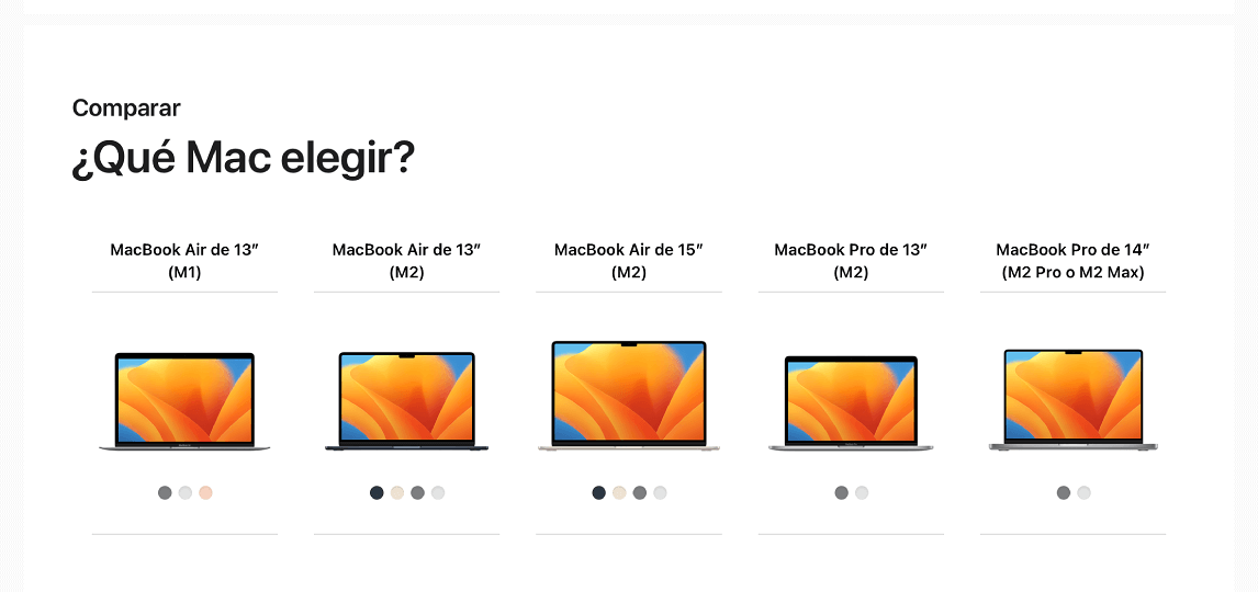 Comparación de cinco modelos de MacBook con pantallas que muestran un fondo de pantalla abstracto anaranjado.