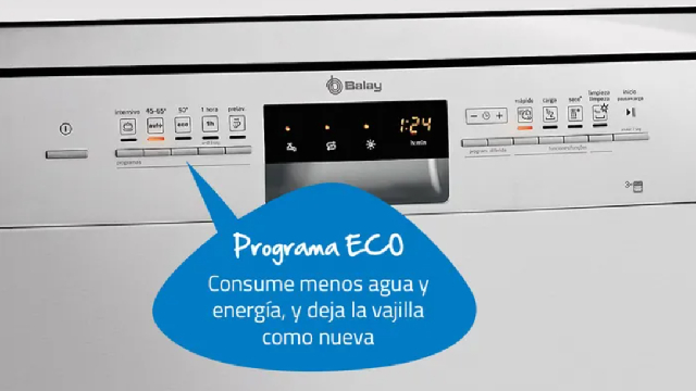 Frontal de lavavajillas con texto indicativo "Programa Eco: cuida los recursos, con el mejor resultado."