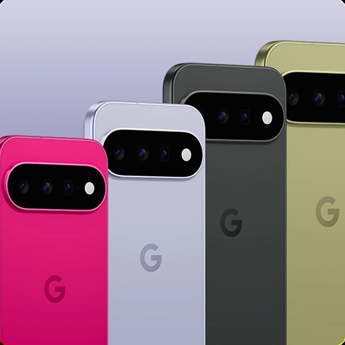 Filas de Google Pixel 11 en fucsia, lila, obsidiana y pistacho mostrando sus módulos de cámara trasera.