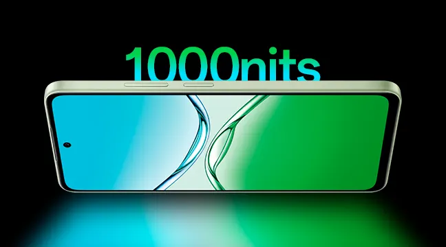 Teléfono móvil con pantalla dividida en azul y verde, con texto "1000nits" en la parte superior, sobre fondo negro.