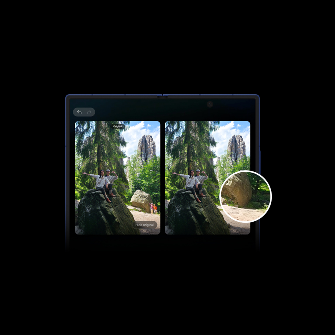 Smartphone desplegado mostrando comparación de imagen con zoom.