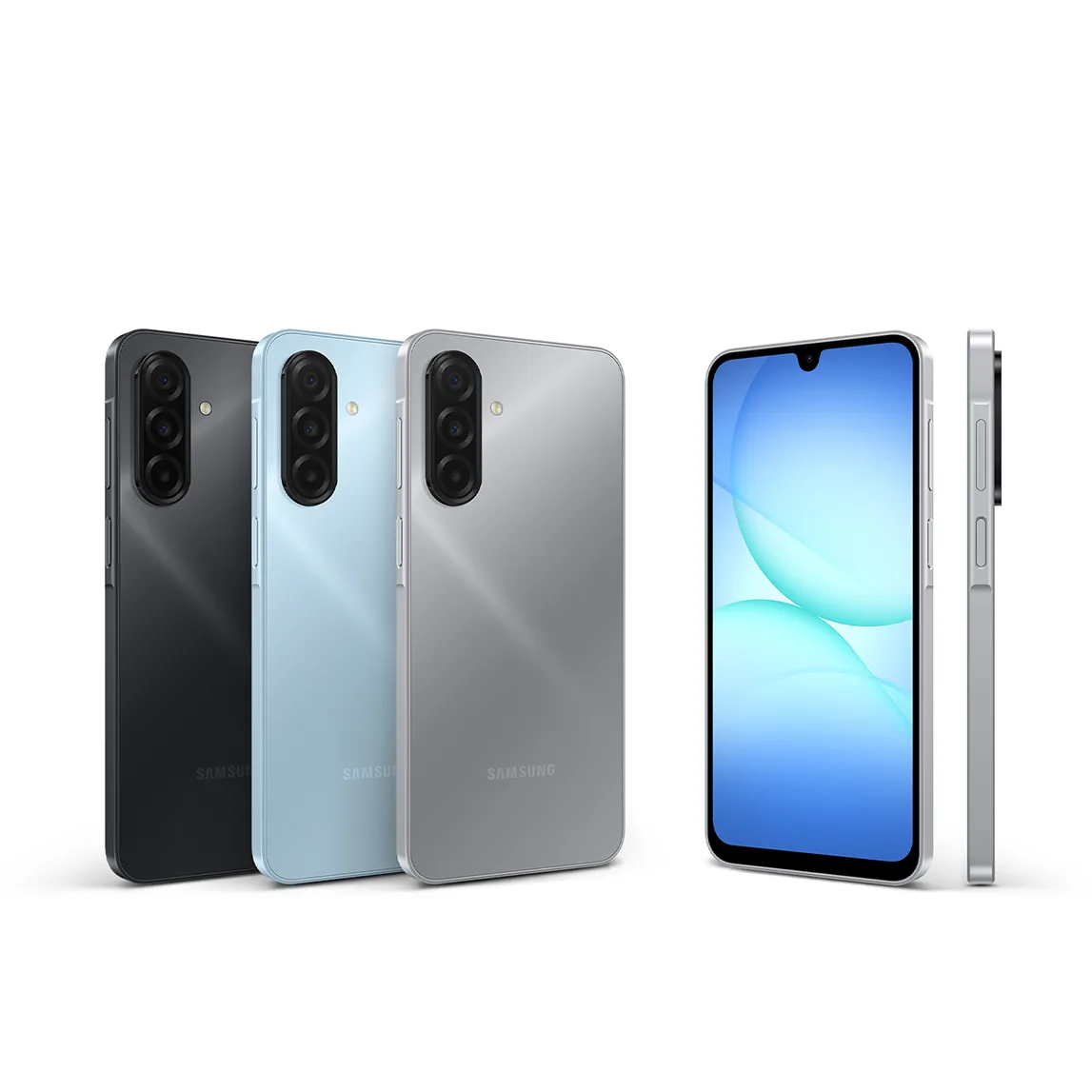 Tres A17 5G Samsung en negro, azul claro y plata, junto a vista frontal y lateral del dispositivo.