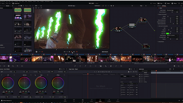 Interfaz de DaVinci Resolve mostrando la edición de efectos visuales.