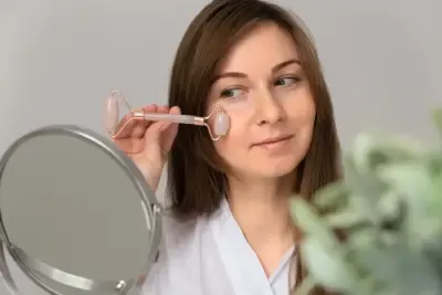 Mujer mirándose en un espejo mientras utiliza un masajeador facial