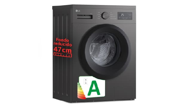 Lavadora gris de carga frontal con fondo reducido 47 cm y etiqueta de eficiencia energética A.