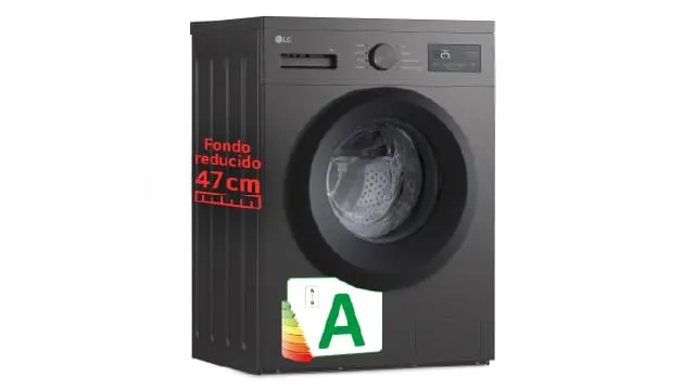 Lavadora gris de carga frontal con fondo reducido 47 cm y etiqueta de eficiencia energética A.