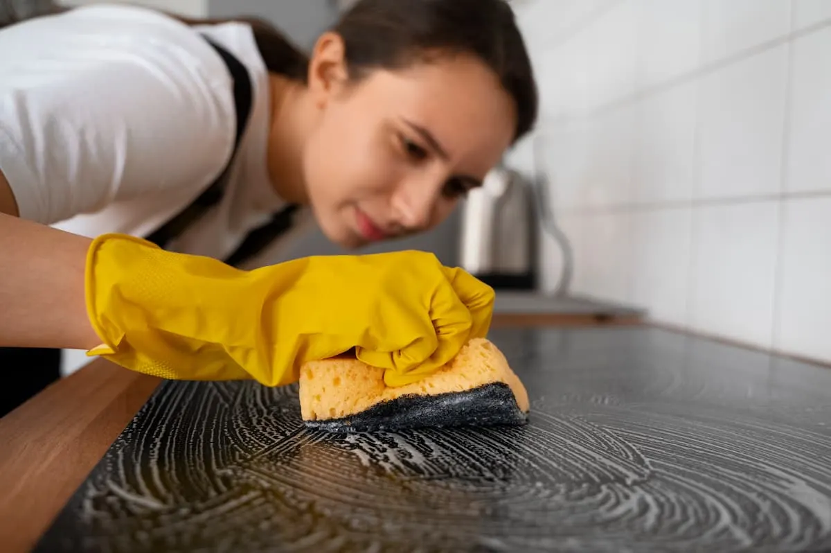 Mujer con guantes amarillos limpiando una placa de inducción con una esponja húmeda en una cocina moderna.