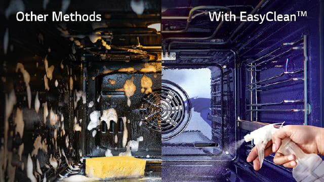 Horno dividido verticalmente: izquierda, sucio con espuma y estropajo; derecha, limpio con mano rociando limpiador.