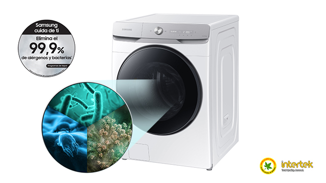 Lavadora blanca con rayo de luz dirigido al tambor, círculo con microbios y sello que indica elimina 99.9% de gérmenes y bacterias.