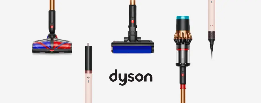 Nuevos productos Dyson, incluyendo aspiradoras v16 Piston y Airwrap Co-anda 2x, con el logo de la marca en el centro