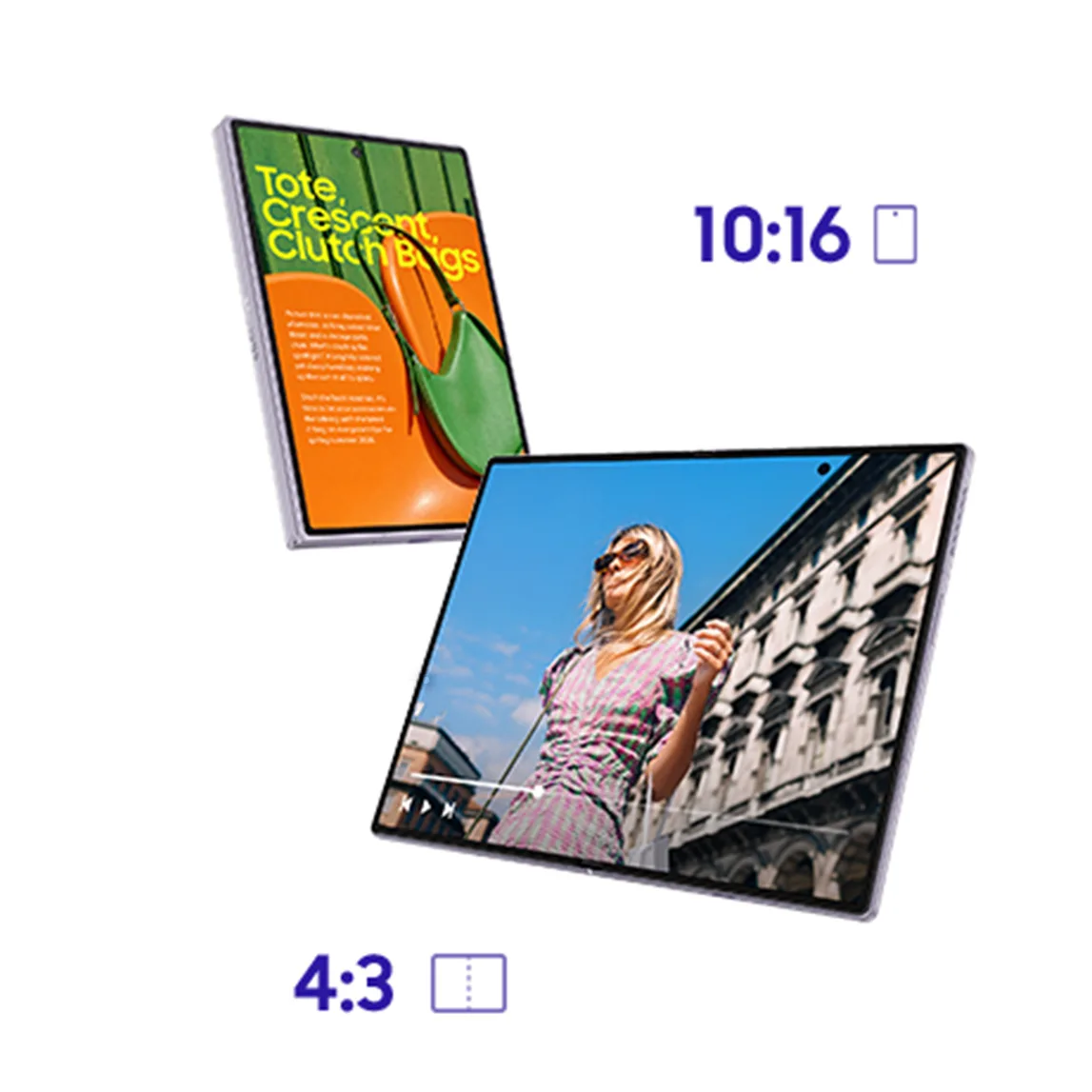 Galaxy Z Fold muestra dos formatos de pantalla, 10:16 en vertical y 4:3 en horizontal.