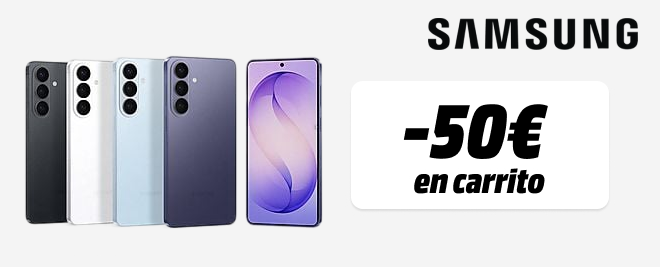 Teléfonos Samsung Galaxy azul con tres cámaras traseras, mostrados sobre fondo degradado verde y azul.