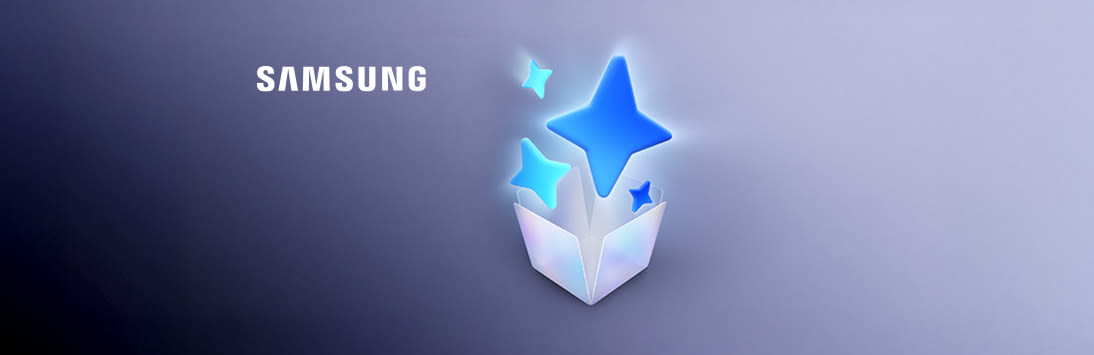 Nuevo lanzamiento samsung galaxy sobre un fondo lila azulado. Salen estrellas de una caja simulando la IA.