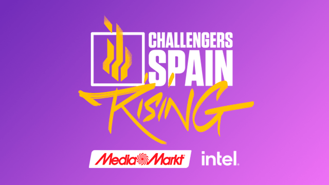 Fondo morado con texto blanco "Challengers Spain", logotipo amarillo, texto "Rising", logos de Media Markt e Intel abajo.