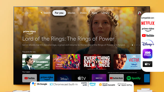 Televisor mostrando "Lord of the Rings: The Rings of Power" en Prime Video. Iconos de Netflix, Youtube, Disney+ y HBO Max visibles.