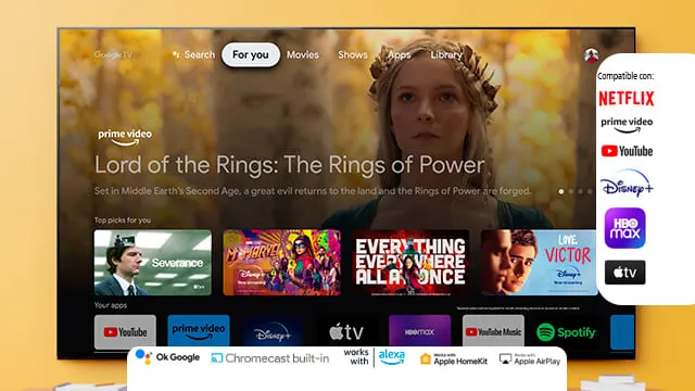 Televisor mostrando "Lord of the Rings: The Rings of Power" en Prime Video. Iconos de Netflix, Youtube, Disney+ y HBO Max visibles.