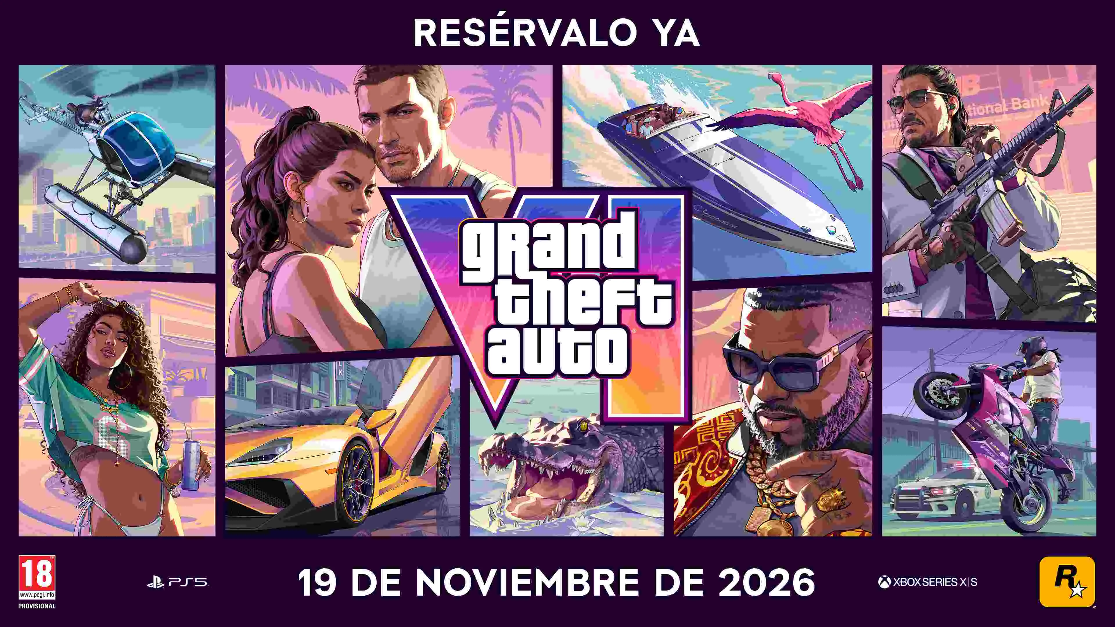 Grand Theft Auto VI, RESÉRVALO YA, lanzamiento 19 de noviembre de 2026, personajes, helicóptero, barco, auto deportivo, motocicleta sobre fondo púrpura, PS5 y Xbox Series X|S.