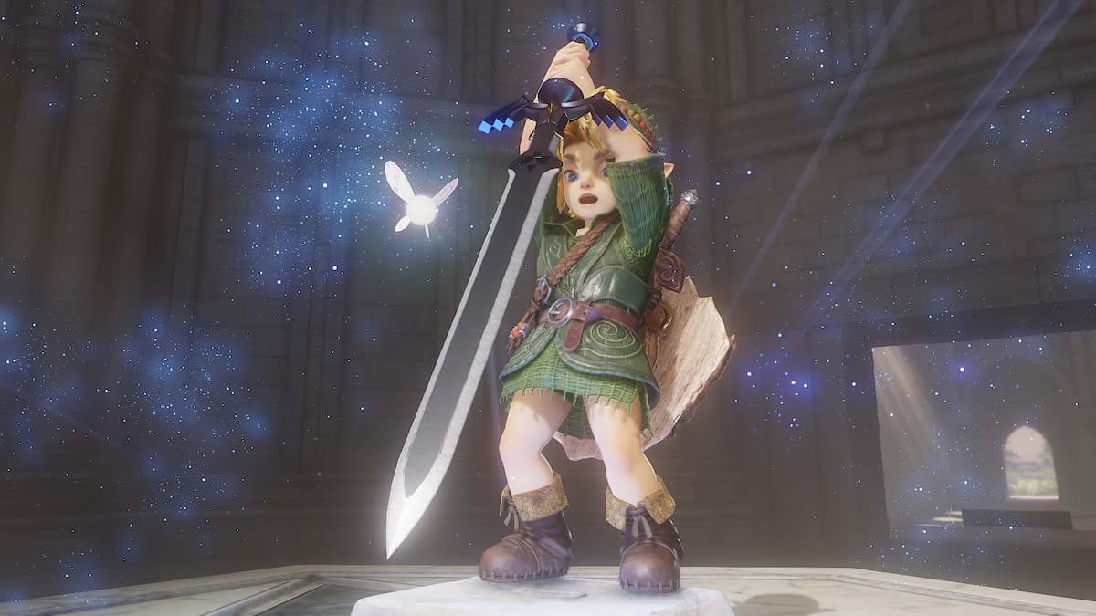 Link sosteniendo una espada en alto sobre un pedestal, con un hada volando junto a un fondo estrellado.