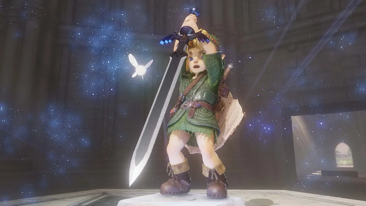 Link sosteniendo una espada en alto sobre un pedestal, con un hada volando junto a un fondo estrellado.