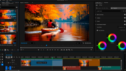 Interfaz de edición de video con una escena de un kayakista remando en un río rodeado de árboles otoñales, con herramientas de corrección de color visibles. Imagen relacionada con NVIDIA Studio.