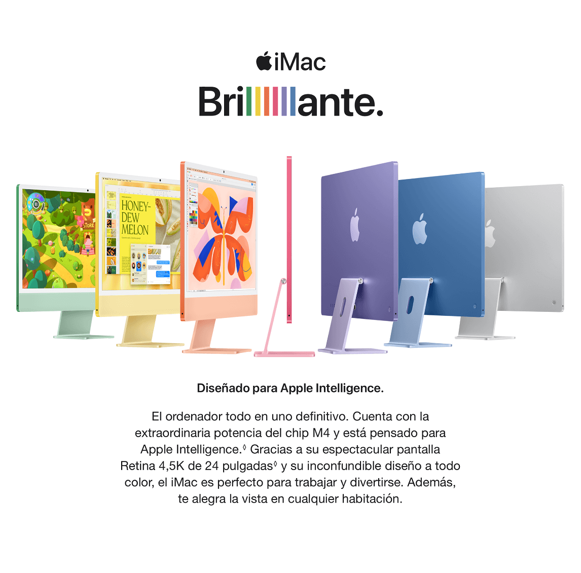 Varios iMacs de colores alineados en una fila, mostrando verde, amarillo, naranja, morado, azul y gris.