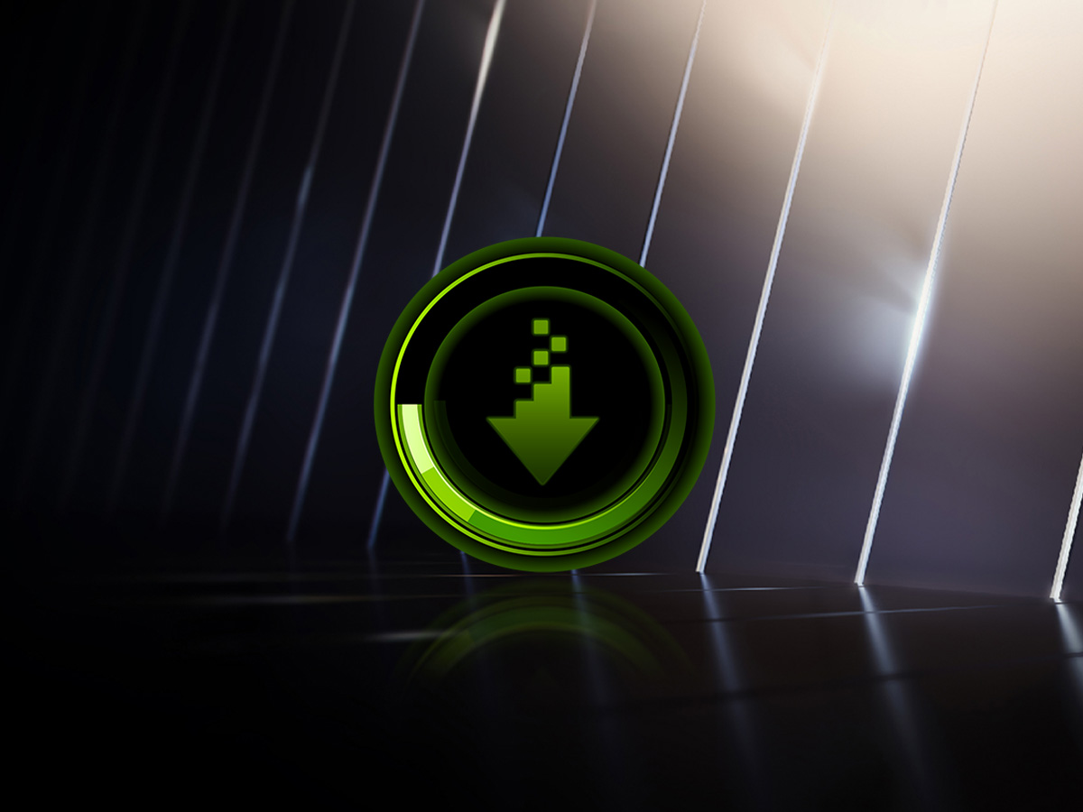 Un círculo verde brillante con una flecha que apunta hacia abajo, pixelada, sobre un fondo con líneas diagonales.