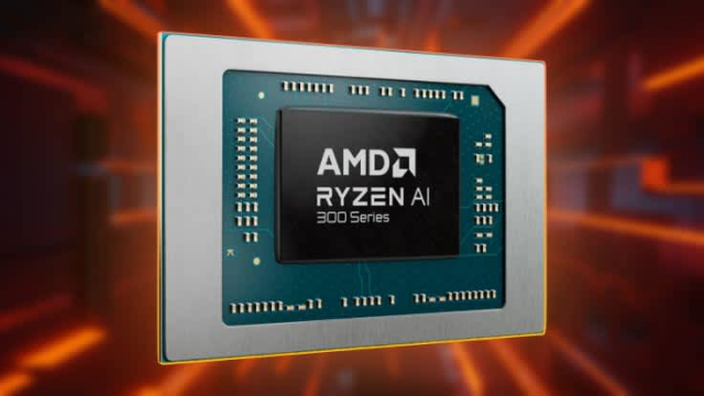 Un chip cuadrado AMD Ryzen AI 300 Series sobre un fondo abstracto naranja. El chip tiene detalles en blanco y azul verdoso.
