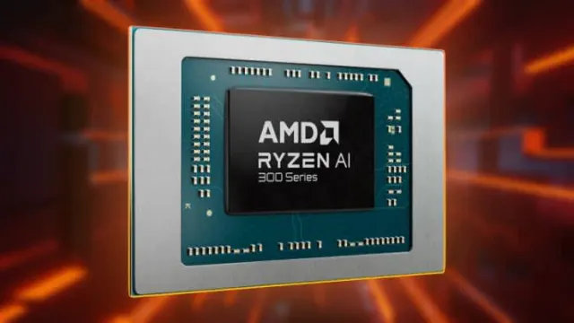 Un chip cuadrado AMD Ryzen AI 300 Series sobre un fondo abstracto naranja. El chip tiene detalles en blanco y azul verdoso.