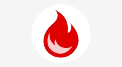 Un icono de una llama roja estilizada con reflejos blancos sobre un fondo blanco.
