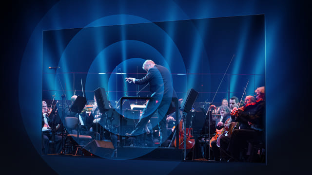 Un director dirige una orquesta en un escenario azul iluminado con focos. Los músicos tocan instrumentos de cuerda.