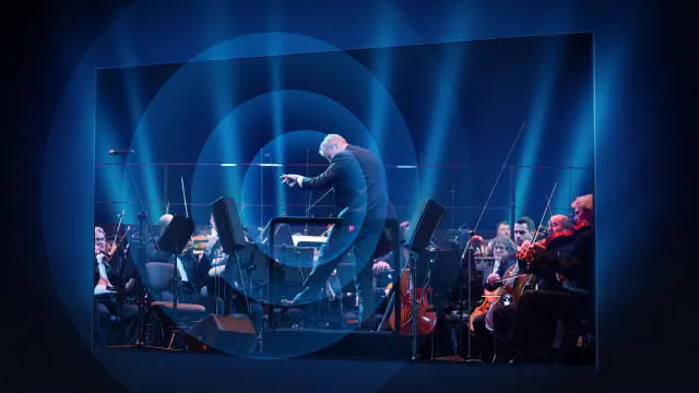 Un director dirige una orquesta en un escenario azul iluminado con focos. Los músicos tocan instrumentos de cuerda.