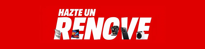 "Hazte un Renove" sobre fondo rojo, con imágenes de portátil, TV, cafetera, móvil, consola y altavoz incrustadas en las letras.