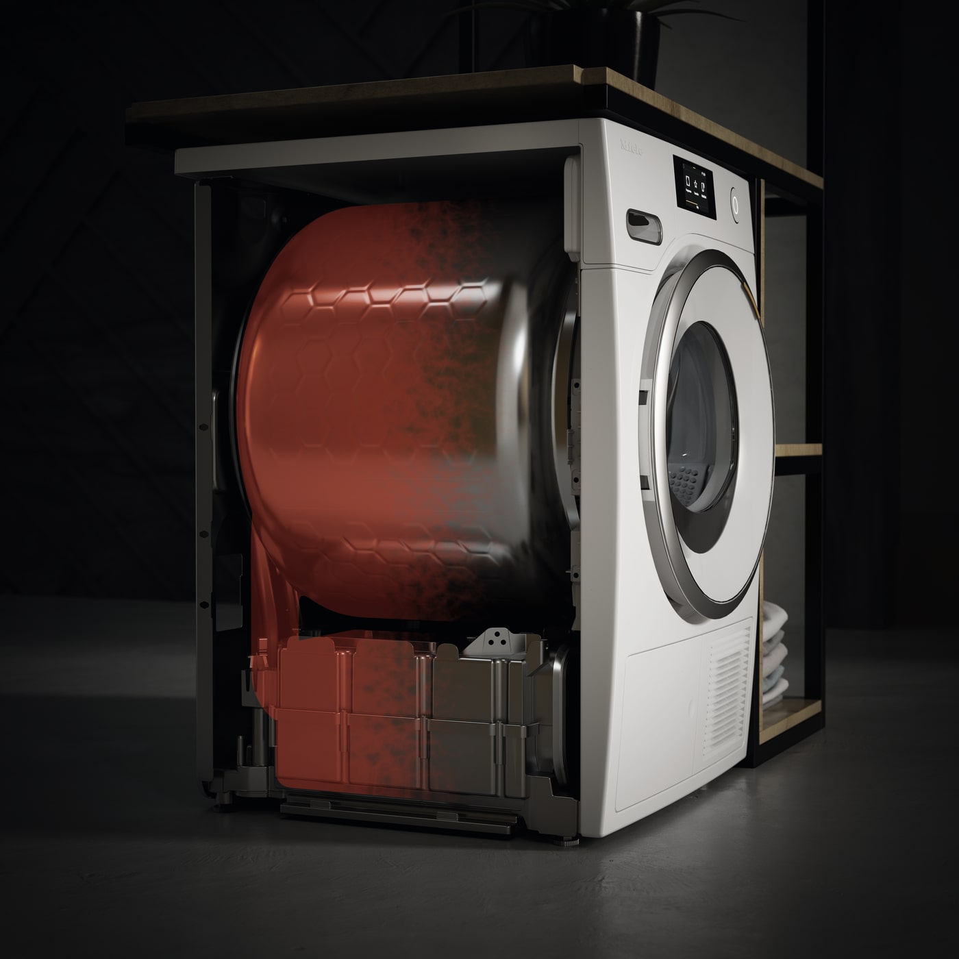 Lavadora blanca con tambor interno visible y panel de control digital, dentro de estructura de madera oscura.