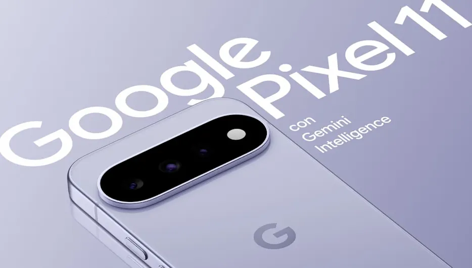 Detalle del reverso del Google Pixel 11 lila: módulo de triple cámara y texto promocional "Google Pixel11" en el fondo.