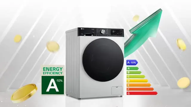 Lavadora con etiqueta de eficiencia energética A y flecha verde ascendente.