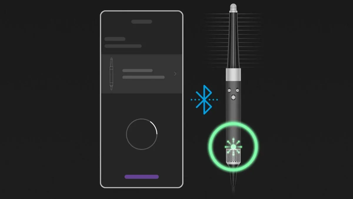 Un teléfono muestra una app con un cepillo conectado por bluetooth. Un cepillo cilíndrico está en verde, indicando conexión.