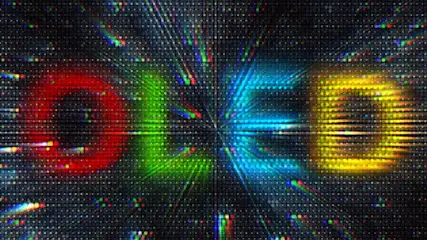 Texto "OLED" en rojo, verde, azul y amarillo sobre un fondo negro con un patrón de puntos brillantes y líneas de luz.
