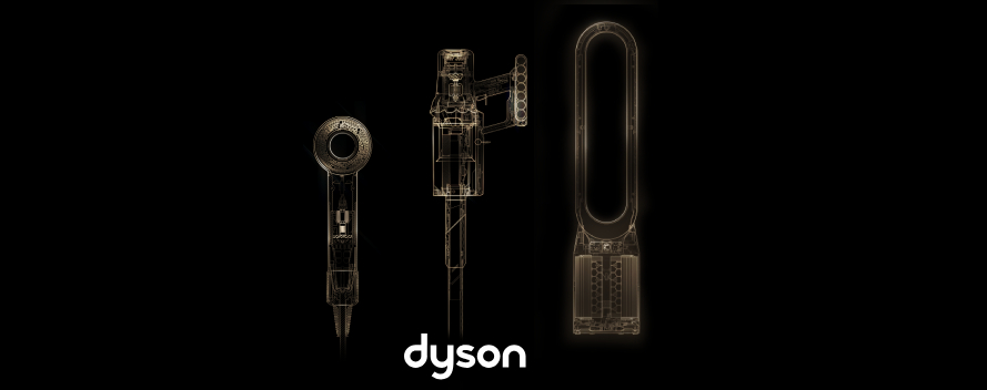 Vista técnica de dispositivos Dyson para cuidado del cabello, aspiración y clima, con diseño interno visible sobre fondo negro y logotipo Dyson.