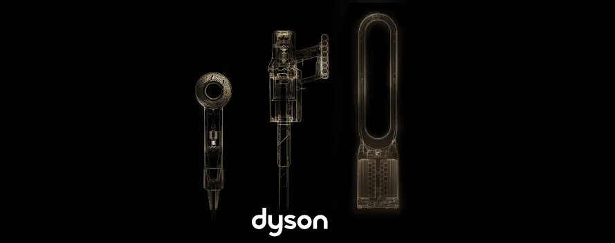 Vista técnica de dispositivos Dyson para cuidado del cabello, aspiración y clima, con diseño interno visible sobre fondo negro y logotipo Dyson.
