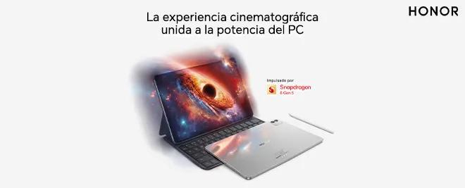 Tablet HONOR con teclado y lápiz, junto a portátil plateado, en anuncio sobre productividad y experiencia cinematográfica.