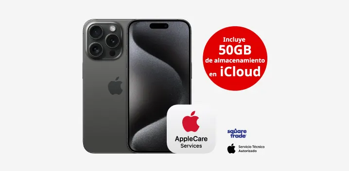 Teléfono gris con tres lentes de cámara y logo de Apple. Promoción de 50GB en iCloud y AppleCare Services.