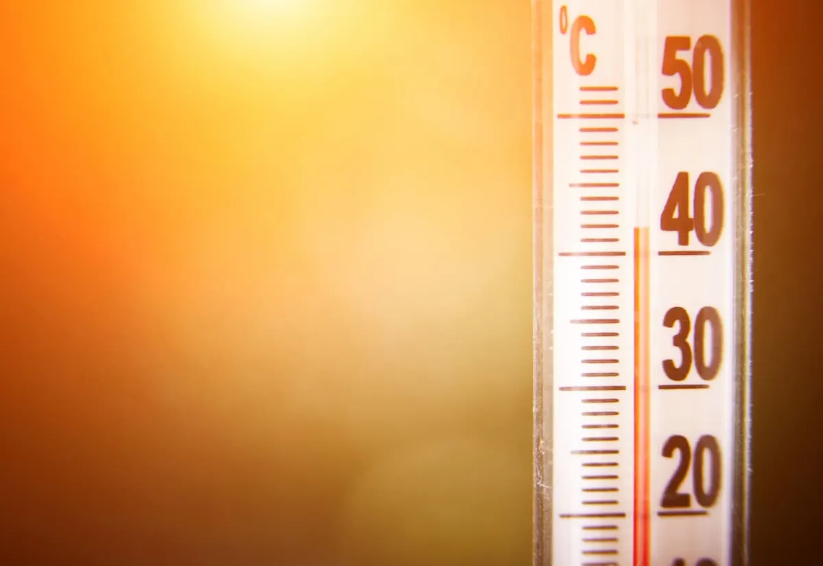 Termómetro marcando altas temperaturas bajo luz solar intensa en verano.