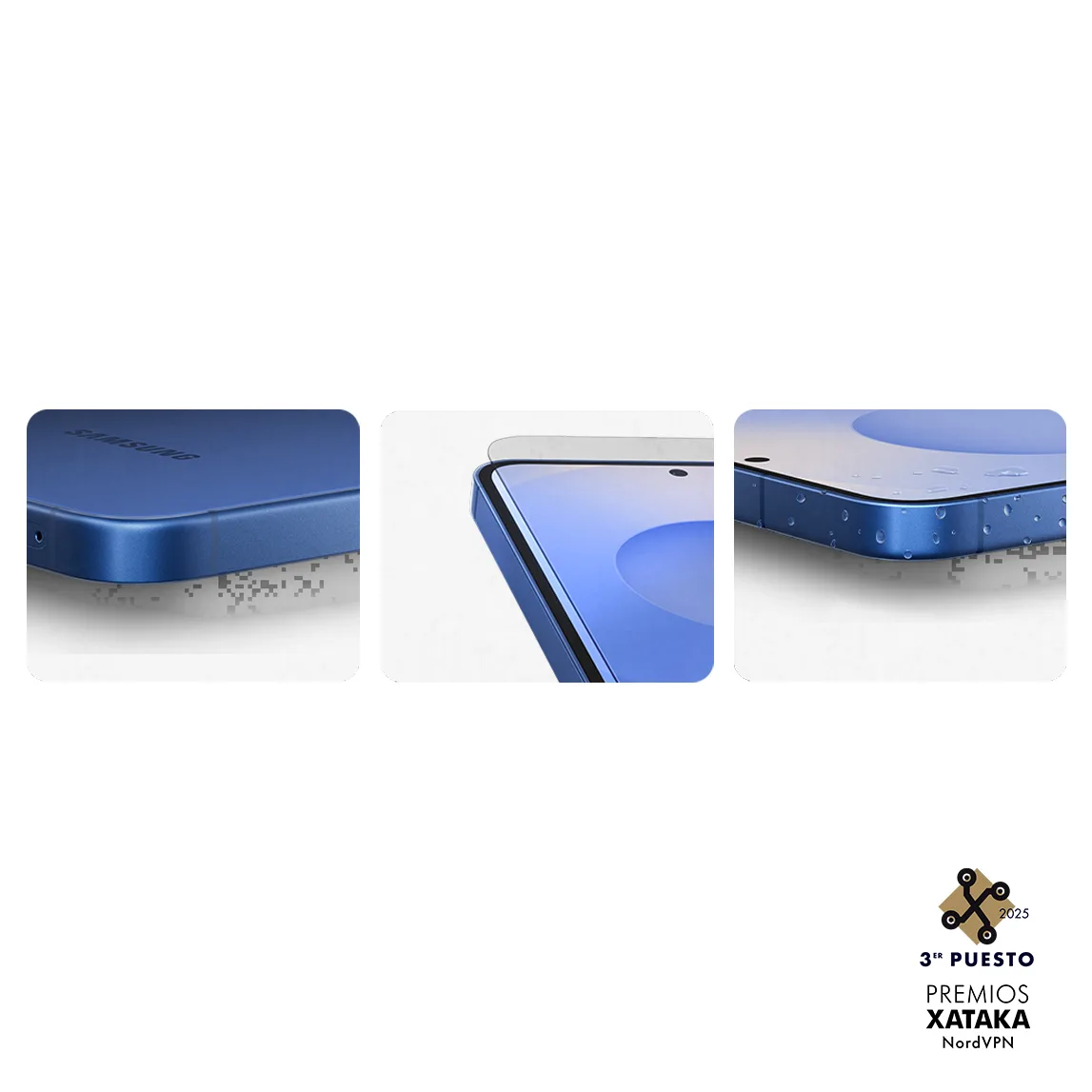 Tres primeros planos de un móvil azul con gotas de agua. Se enfoca en los bordes y la pantalla. Logo donde se muestra que Samsung ha sido galardonado con el 2º puesto en los premios Xataka 2025.