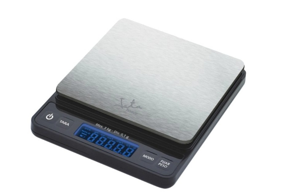 Báscula digital de cocina con superficie de acero inoxidable y pantalla retroiluminada azul.