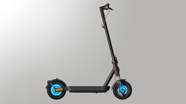 Vista lateral del patinete eléctrico destacando el sistema de frenos en ambas ruedas resaltado en azul.