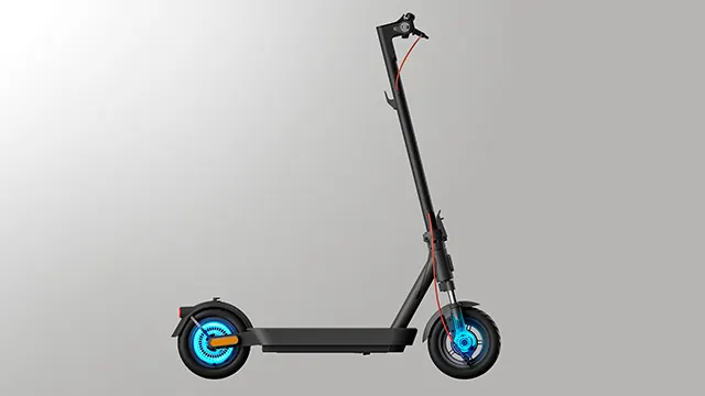 Vista lateral del patinete eléctrico destacando el sistema de frenos en ambas ruedas resaltado en azul.